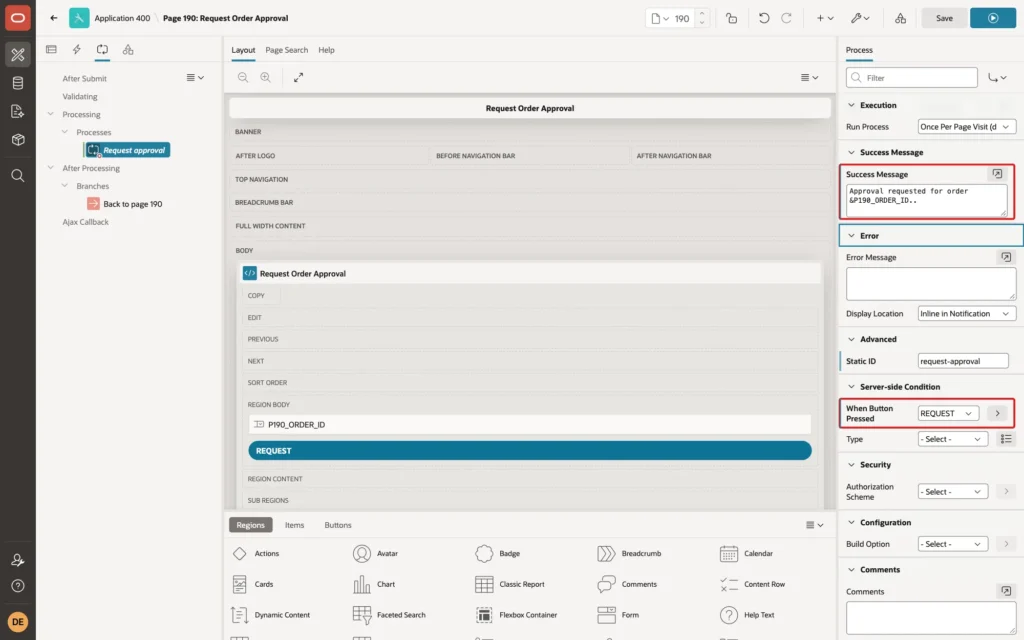 Page Designer showing the Success Message and When Button Pressed REQUEST marked with red boxes