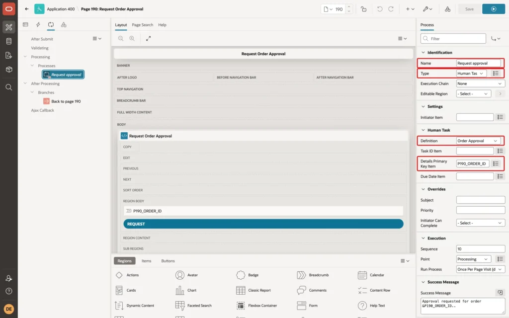 Page Designer showing the Request approval process with Type Human Task - Create, Definition Order Approval and Details Primary Key Item P190_ORDER_ID marked with red boxes