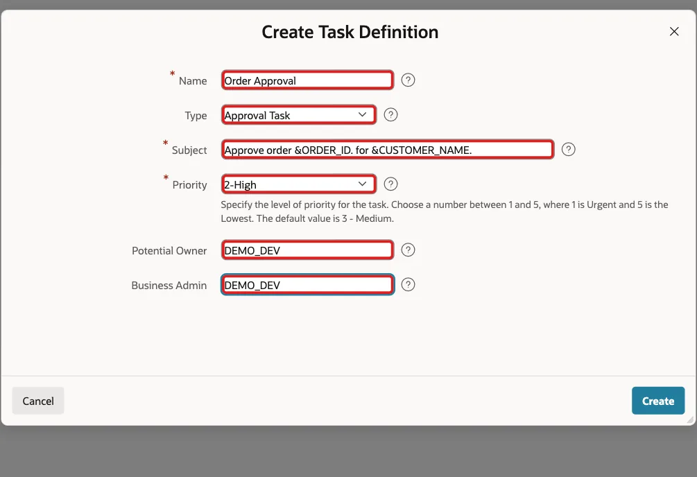 Create Task Definition dialog with Name Order Approval, Type Approval Task, Subject Approve order &ORDER_ID. for &CUSTOMER_NAME., Priority 2-High, Potential Owner and Business Admin DEMO_DEV marked with red boxes