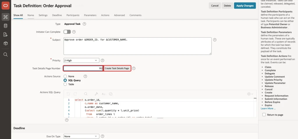 Task definition Settings with Task Details Page Number 192 and the Create Task Details Page button marked with red boxes
