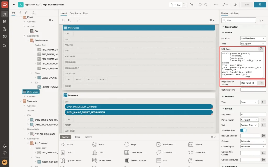 Page Designer showing the Order Lines region with its SQL query and Page Items to Submit P192_TASK_ID marked with red boxes