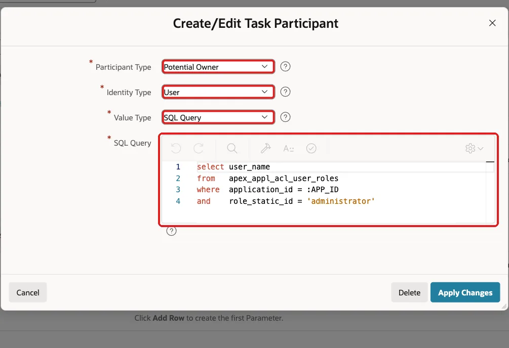 Create/Edit Task Participant dialog with Participant Type Potential Owner, Identity Type User, Value Type SQL Query and the query on APEX_APPL_ACL_USER_ROLES marked with red boxes