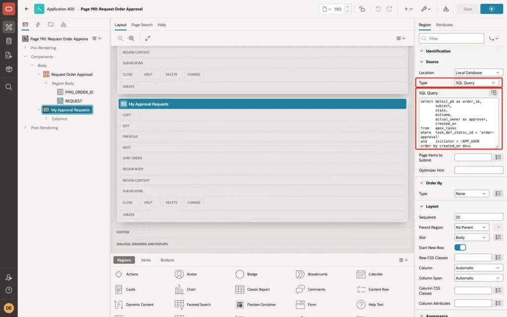 Page Designer showing the My Approval Requests region with Type SQL Query and the query on APEX_TASKS marked with red boxes