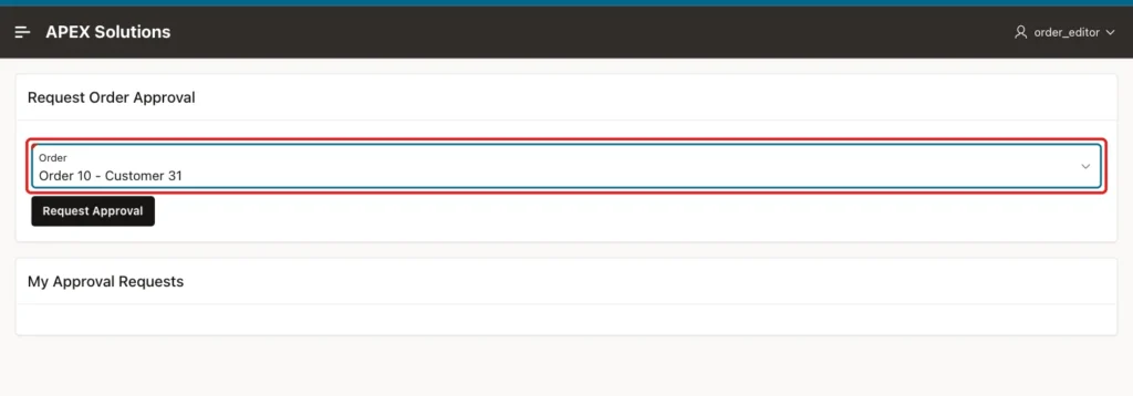 Request Order Approval page with Order 10 - Customer 31 selected, marked with a red box, and the Request Approval button