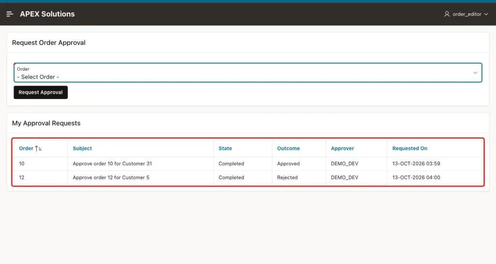 My Approval Requests with order 10 Completed Approved and order 12 Completed Rejected, both by DEMO_DEV, marked with a red box