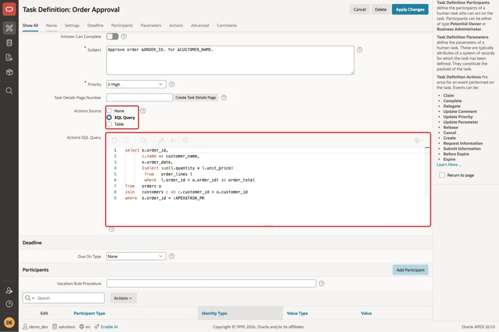 Task definition Settings with Actions Source SQL Query and the Actions SQL Query on ORDERS and CUSTOMERS marked with red boxes