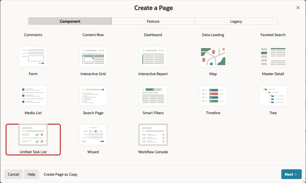 Create a Page wizard with the Unified Task List tile marked with a red box