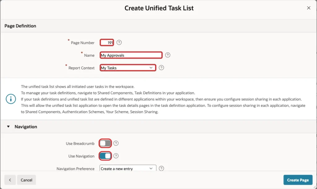 Create Unified Task List step with Page Number 191, Name My Approvals, Report Context My Tasks, Use Breadcrumb off and Use Navigation on, marked with red boxes