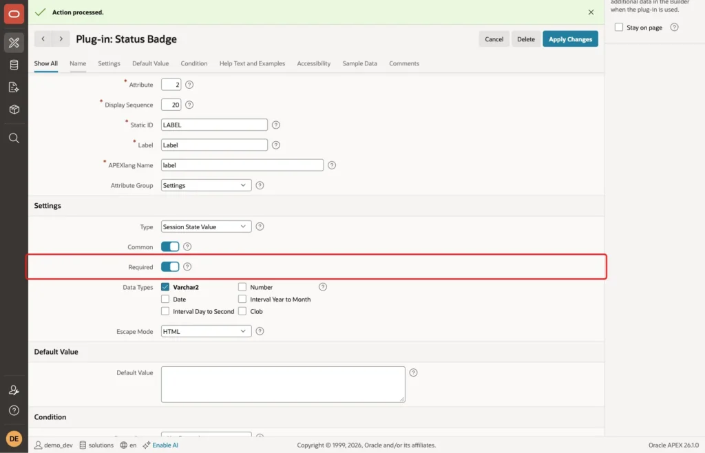 Edit Plug-in Attribute page for Label with Required turned on and marked with a red box