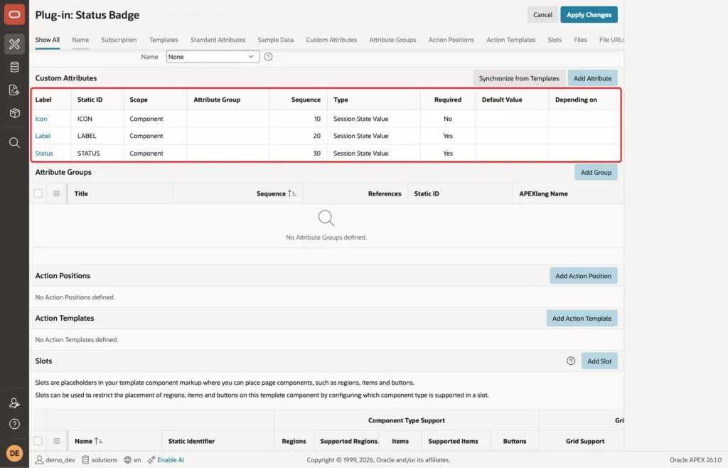 Custom Attributes list with Icon, Label and Status, their type Session State Value and Required values marked with a red box