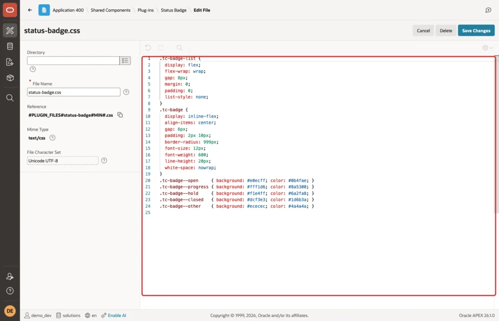 File editor for status-badge.css with the CSS code marked with a red box and the Reference #PLUGIN_FILES#status-badge#MIN#.css