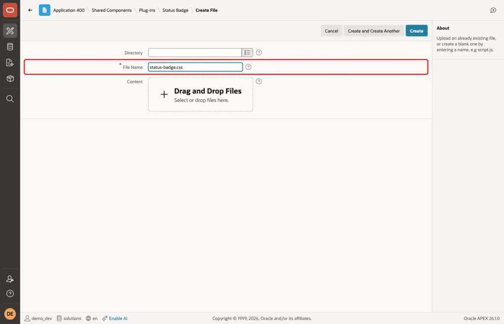 Create File page with File Name status-badge.css marked with a red box