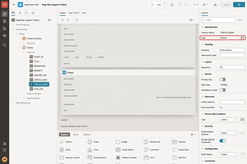 STATUS_NAME column with Type Hidden marked with a red box