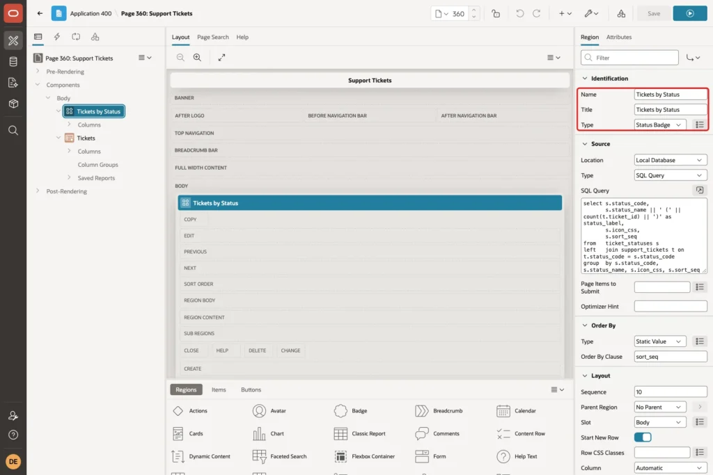 Page Designer with the new region, Name and Title Tickets by Status and Type Status Badge marked with a red box