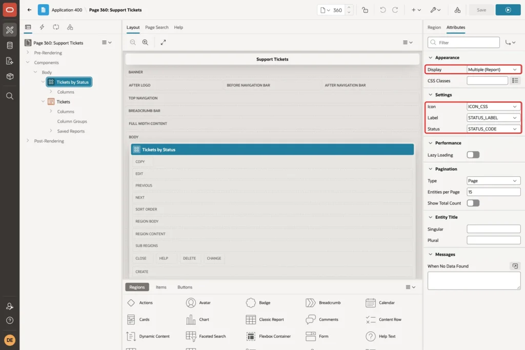 Attributes tab with Display Multiple (Report) and the Settings Icon ICON_CSS, Label STATUS_LABEL and Status STATUS_CODE marked with red boxes