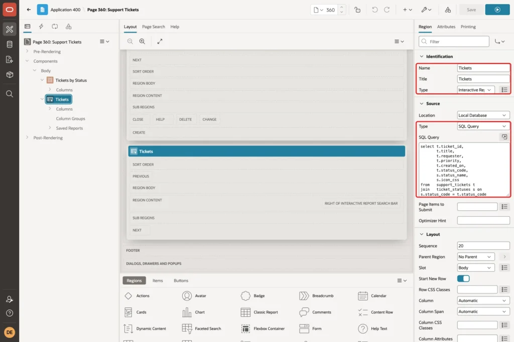 Page Designer with the Tickets region, Name, Title, Type Interactive Report and the SQL Query marked with red boxes