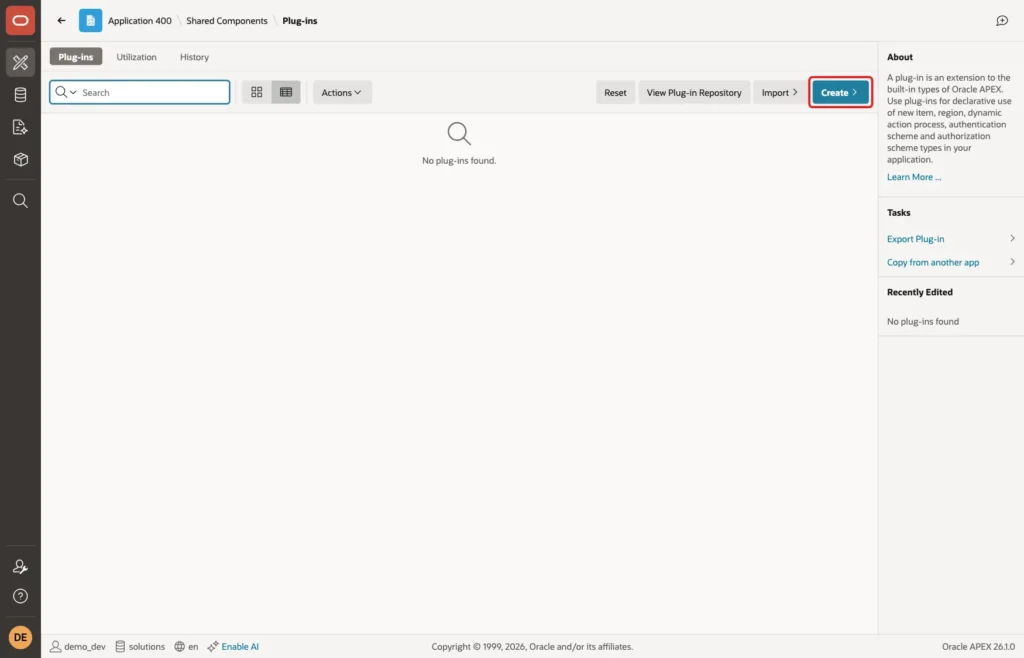 Plug-ins page in Shared Components with the Create button marked with a red box