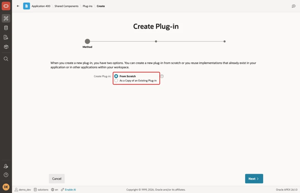 Create Plug-in wizard Method step with From Scratch selected and marked with a red box
