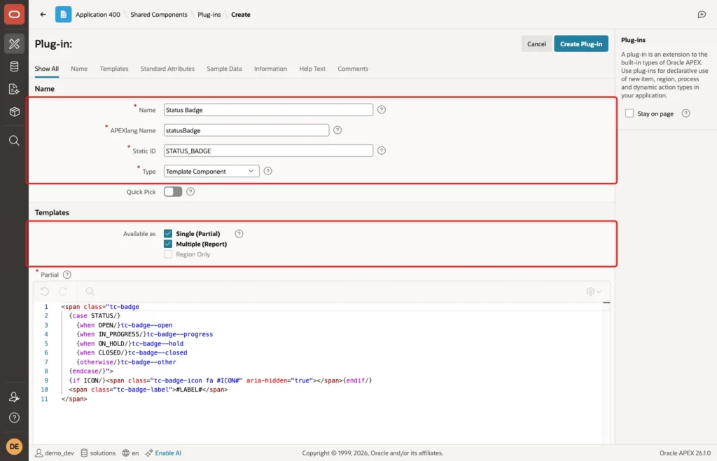 Plug-in form with Name Status Badge, APEXlang Name, Static ID, Type Template Component and Available as Single and Multiple marked with red boxes