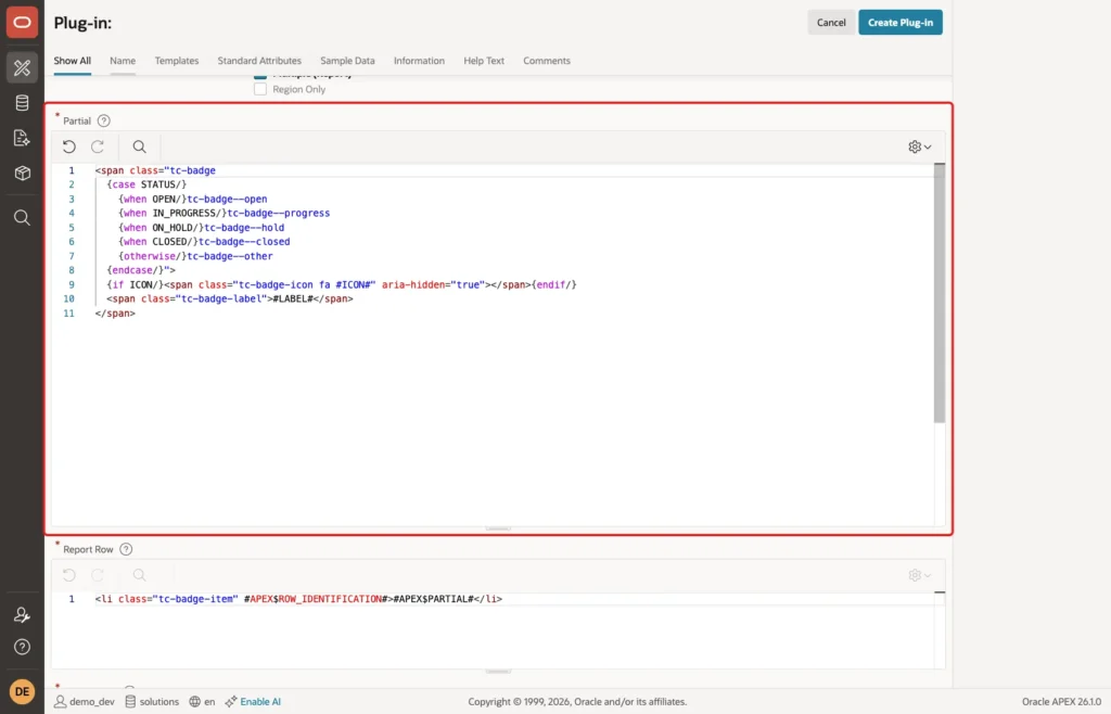 Partial template editor with the status badge template marked with a red box