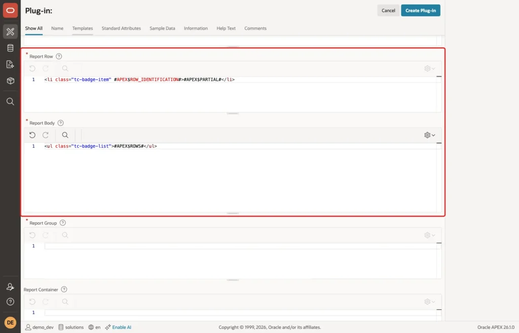 Report Row and Report Body template editors marked with a red box