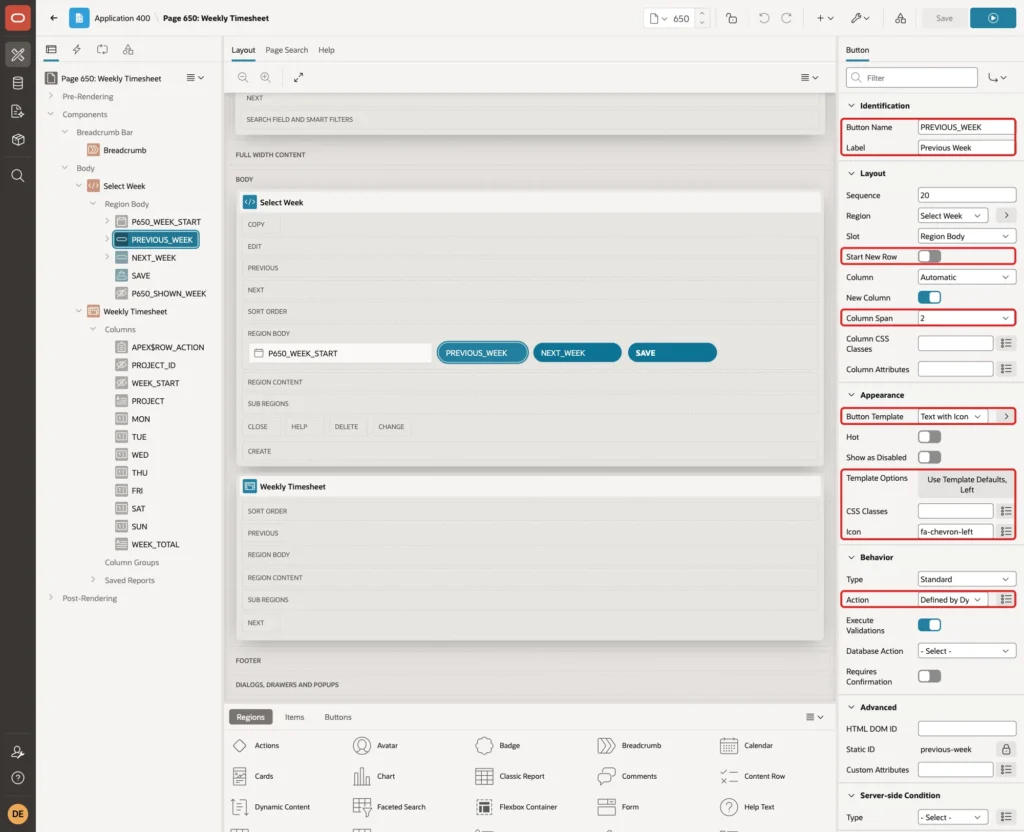 Page Designer button PREVIOUS_WEEK with Button Name, Label, Start New Row, Column Span, Button Template, Template Options, Icon and Action marked with red boxes
