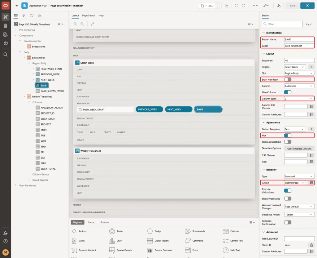 Page Designer button SAVE with Button Name, Label Save Timesheet, Start New Row, Column Span, Hot and Action Submit Page marked with red boxes