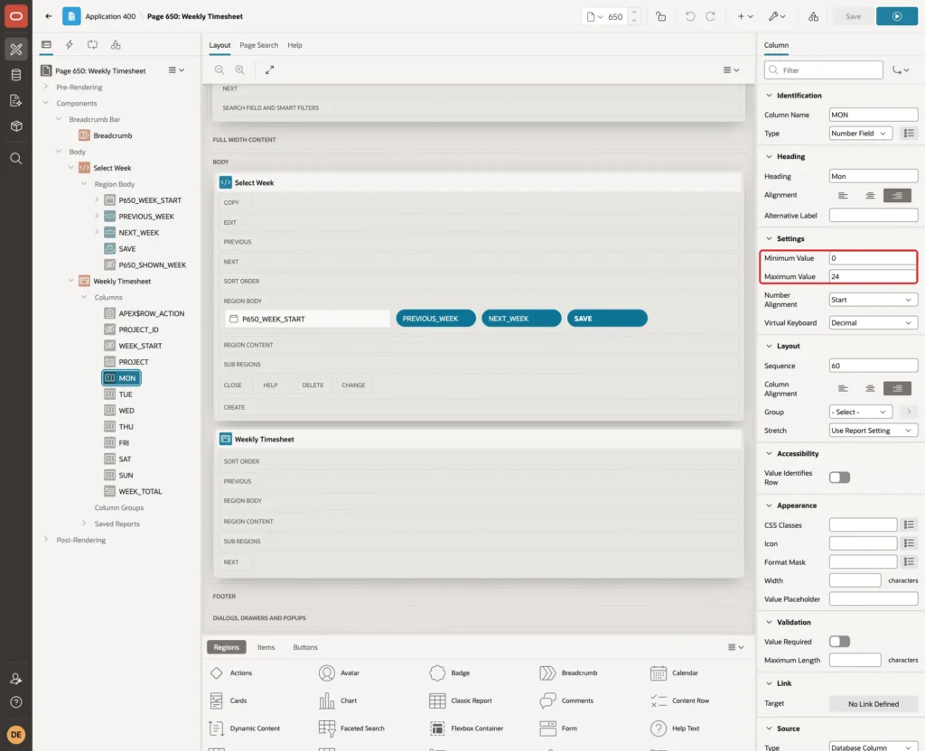 Page Designer column MON with Minimum Value 0 and Maximum Value 24 marked with a red box