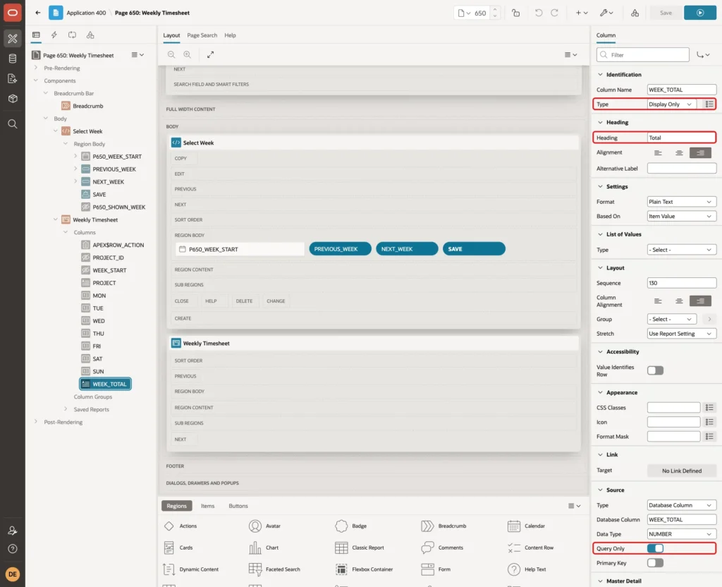 Page Designer column WEEK_TOTAL with Type Display Only, Heading Total and Query Only marked with red boxes