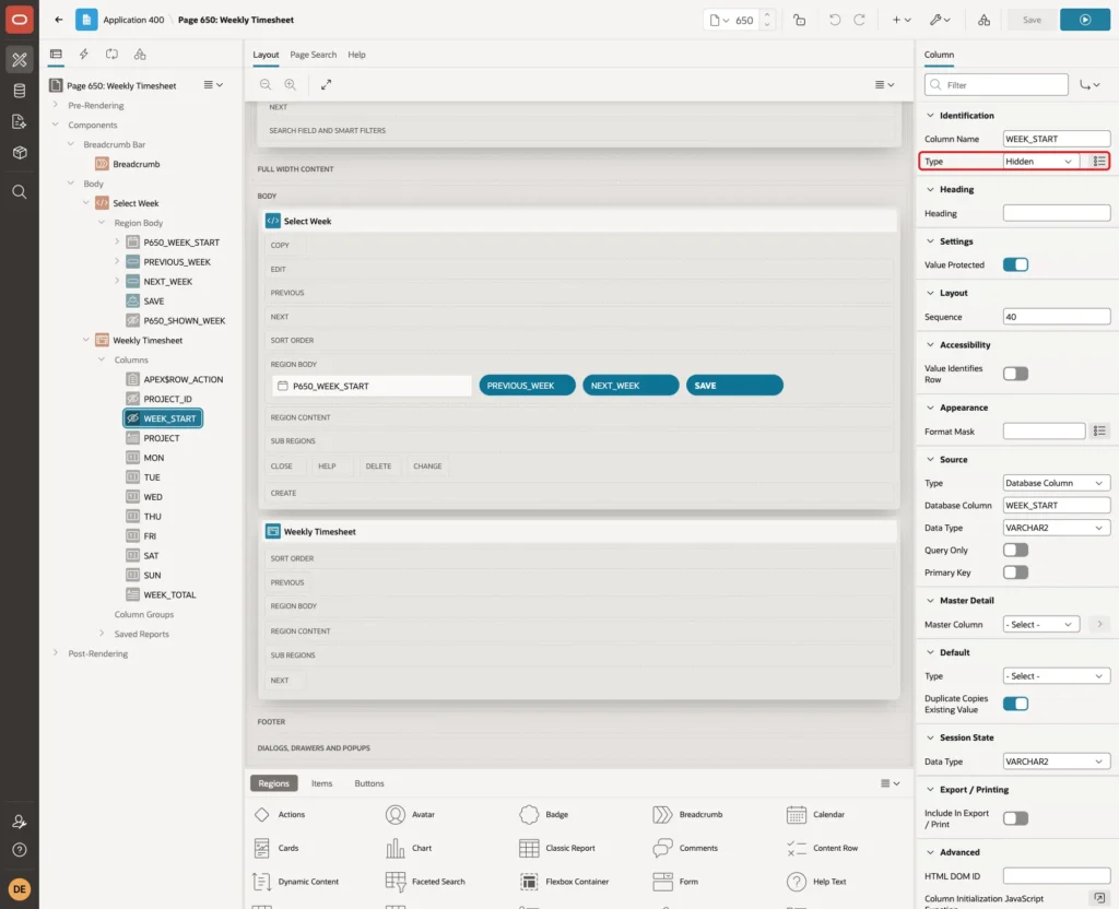 Page Designer column WEEK_START with Type Hidden marked with a red box