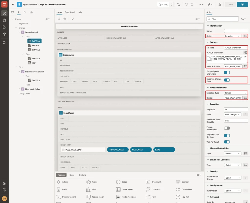 Set Value action with Set Type PL/SQL Expression, the expression, Items to Submit, Suppress Change Event and Affected Elements marked with red boxes