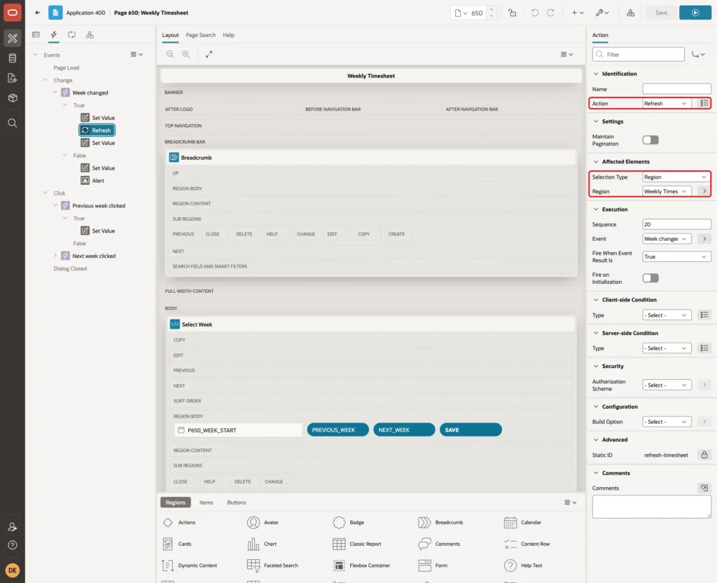Refresh action with Affected Elements Selection Type Region and Region Weekly Timesheet marked with red boxes
