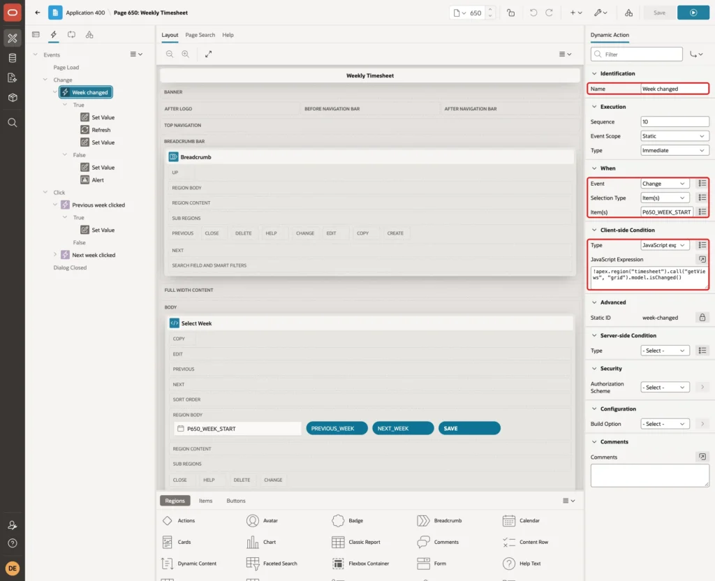Dynamic action Week changed with Event Change, item P650_WEEK_START and the client-side JavaScript condition marked with red boxes
