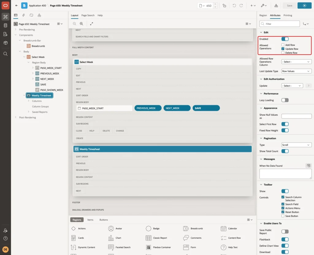 Interactive grid Attributes Edit group with Enabled on and only Update Row checked marked with a red box