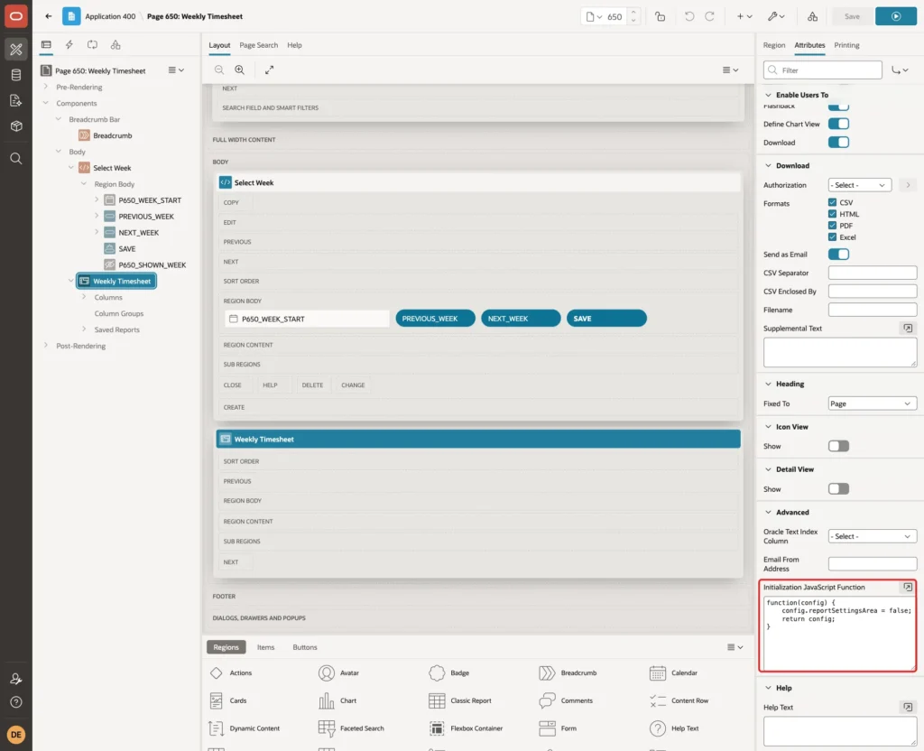 Interactive grid Attributes Advanced group with the Initialization JavaScript Function marked with a red box