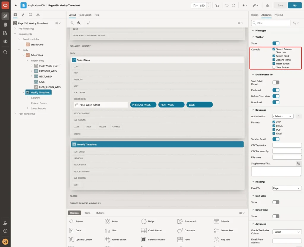 Interactive grid Attributes Toolbar group with Save Button unchecked in Controls marked with a red box