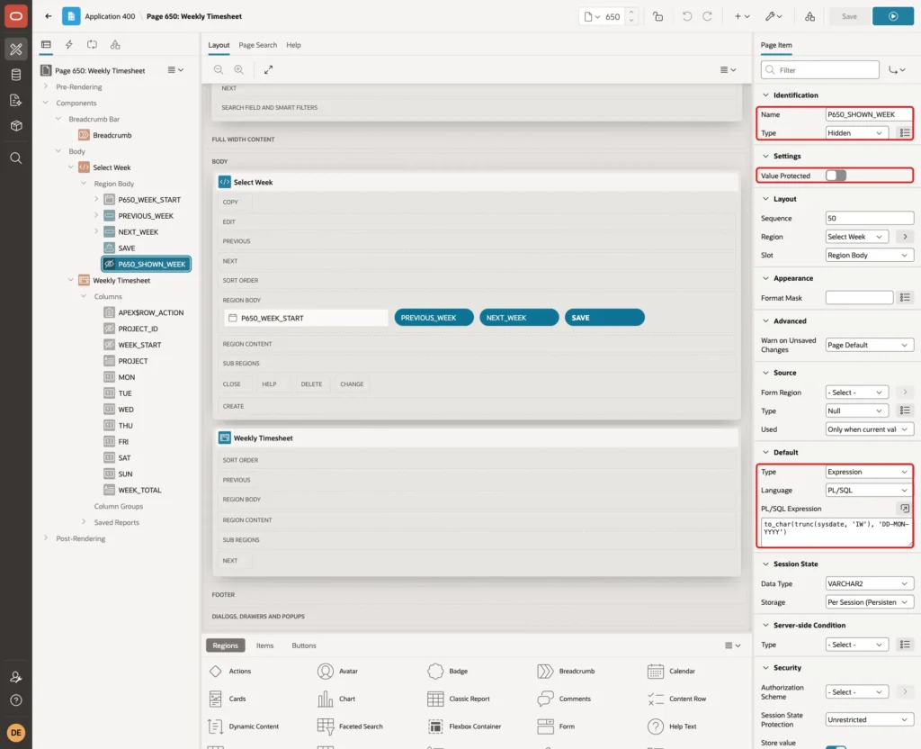 Page Designer hidden item P650_SHOWN_WEEK with Value Protected off and the Default expression marked with red boxes
