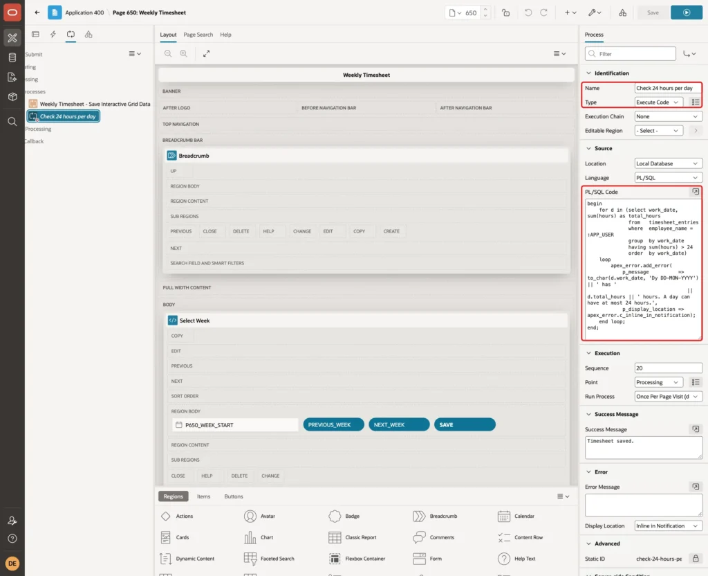 Process Check 24 hours per day with Name, Type Execute Code and the PL/SQL code marked with red boxes