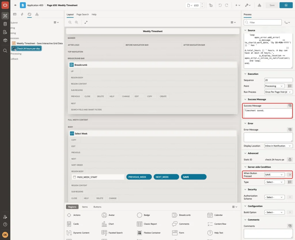 Process Check 24 hours per day with Success Message Timesheet saved. and When Button Pressed SAVE marked with red boxes