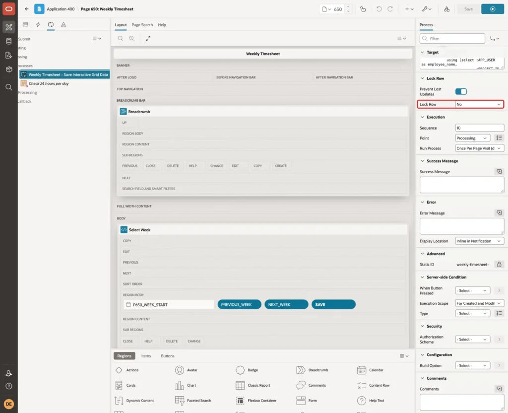 Save Interactive Grid Data process with Lock Row set to No marked with a red box