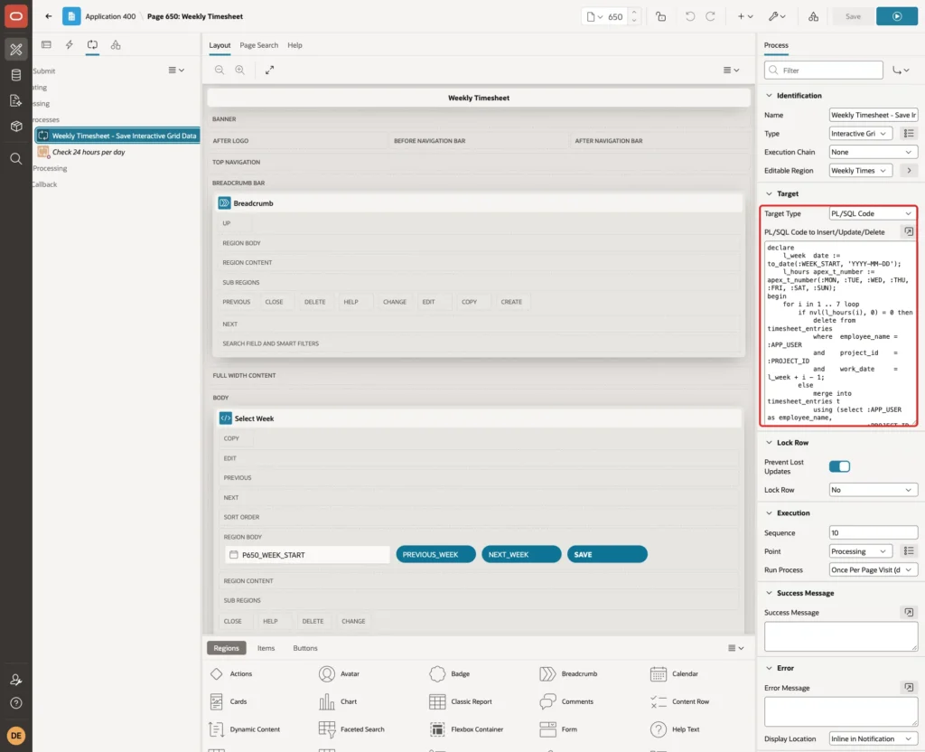 Save Interactive Grid Data process with Target Type PL/SQL Code and the PL/SQL code marked with a red box