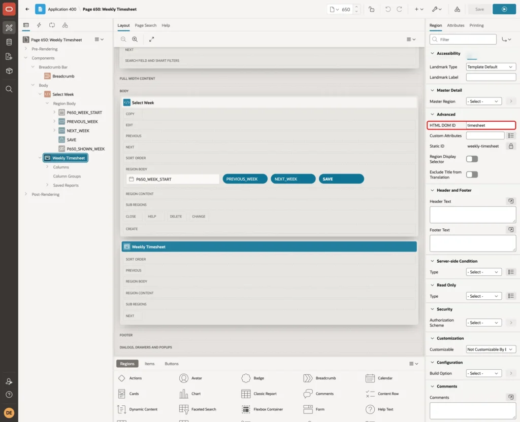 Page Designer region Advanced group with HTML DOM ID timesheet marked with a red box