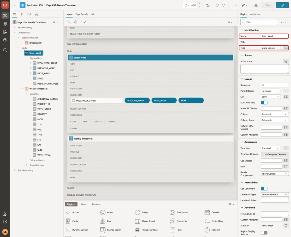 Page Designer region Select Week with Name and Type Static Content marked with red boxes