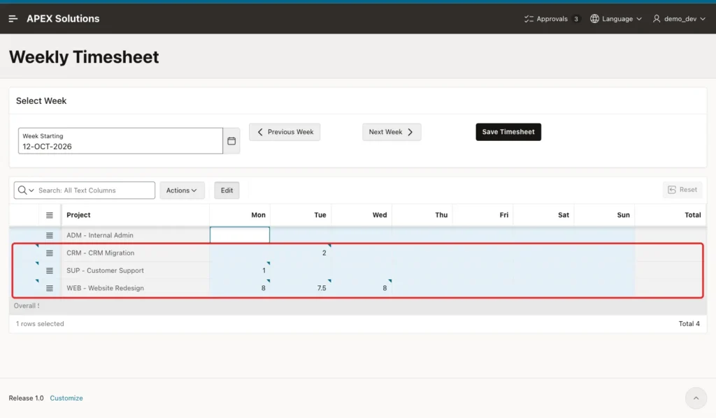 Weekly Timesheet with new hours typed into the CRM, SUP and WEB rows marked with a red box