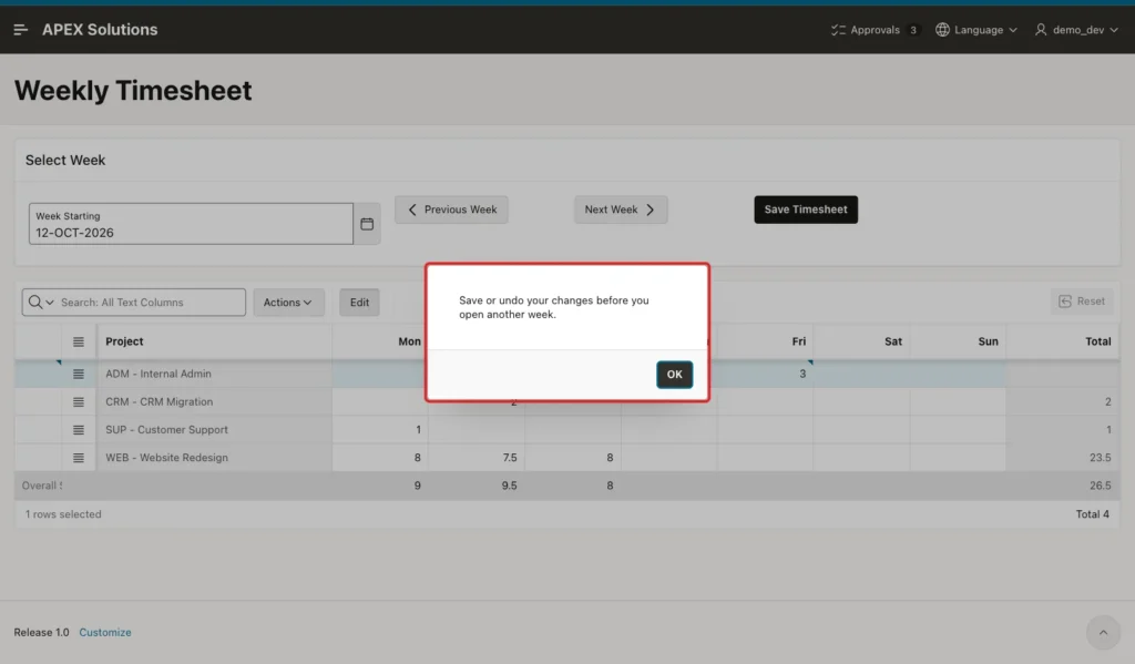 Weekly Timesheet with the alert Save or undo your changes before you open another week marked with a red box