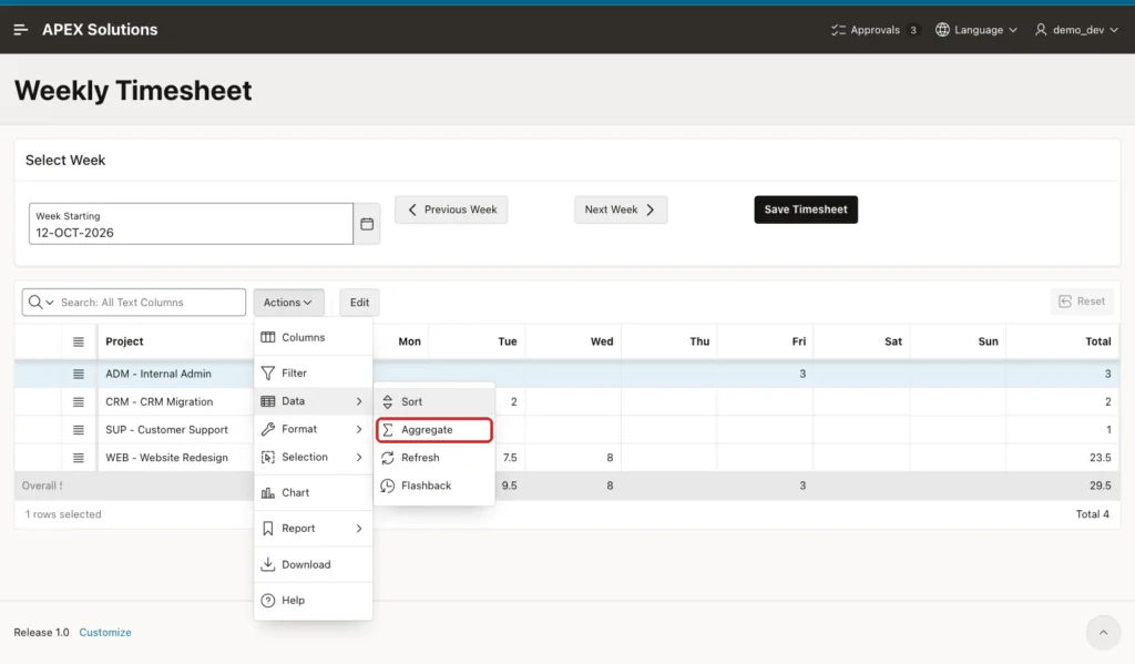Interactive grid Actions menu with Data and Aggregate marked with a red box