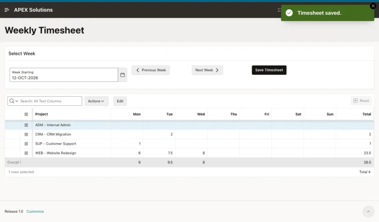 Weekly Timesheet after saving with the success message Timesheet saved. and updated totals