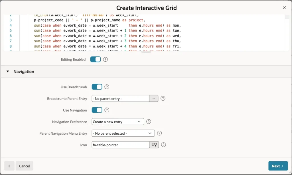 Create Interactive Grid wizard Navigation section with breadcrumb and navigation menu defaults