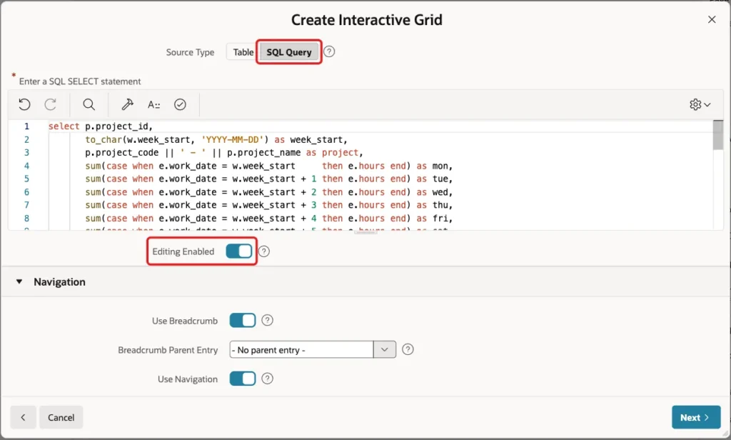 Create Interactive Grid wizard with Source Type SQL Query and Editing Enabled marked with red boxes