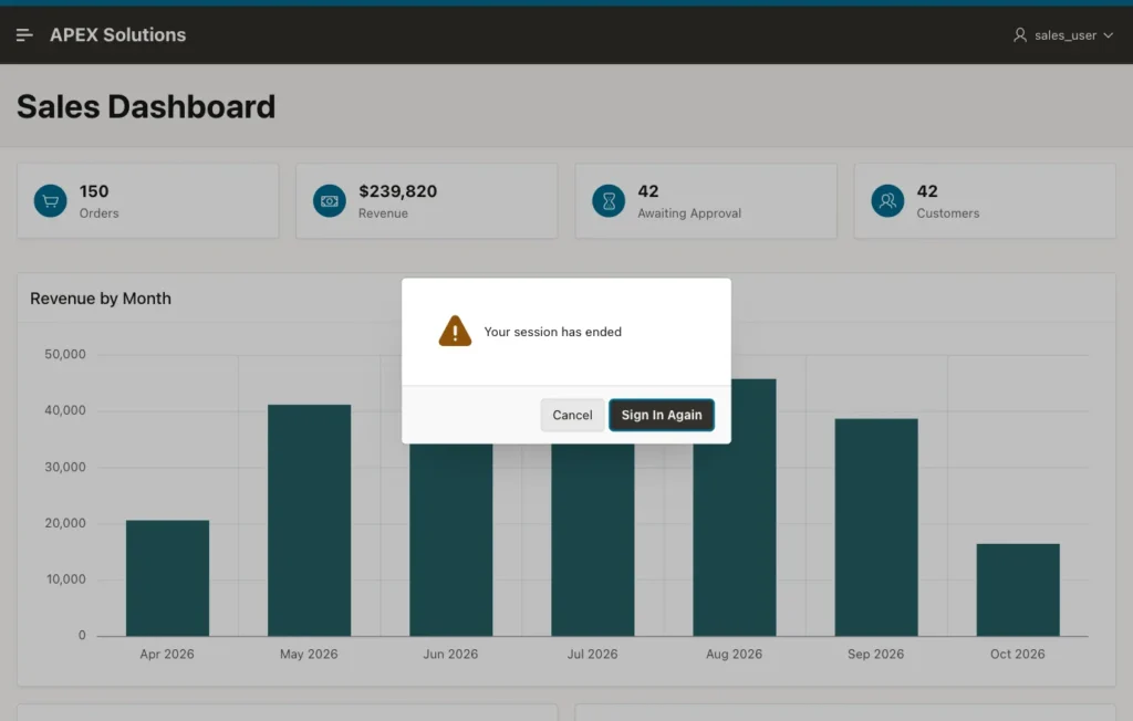 Oracle APEX dialog Your session has ended with Cancel and Sign In Again buttons